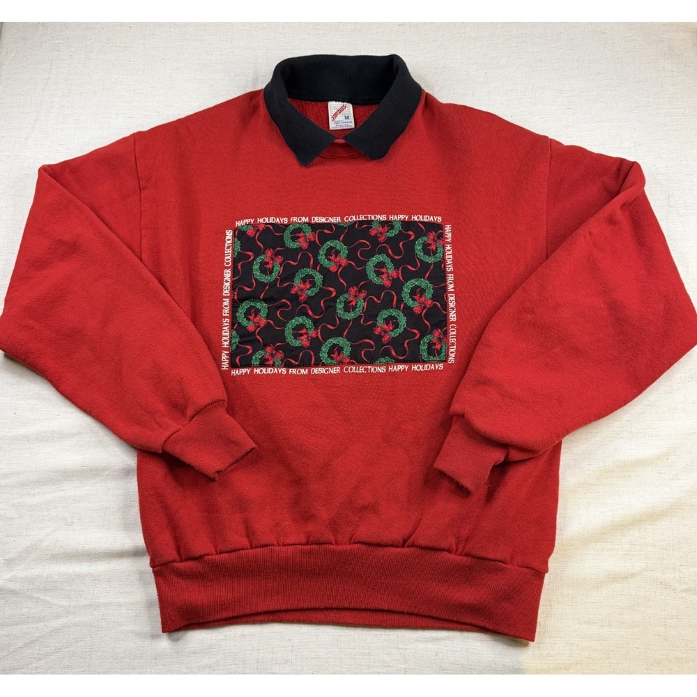 Vintage 90's Double Collar Jerzees Red Crewneck Size M Happy Holidays Christmas